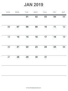 january 2019 printable calendar