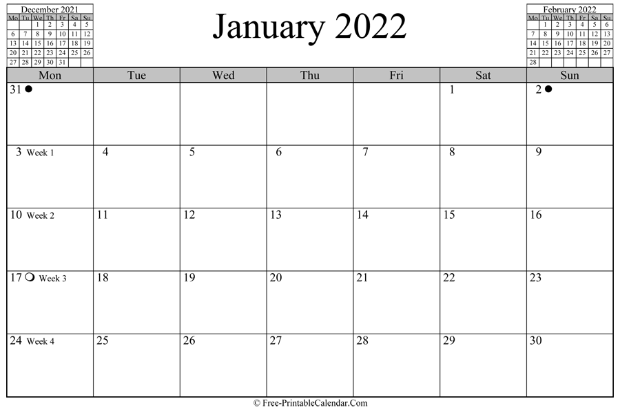 january 2022 Calendar (horizontal layout)