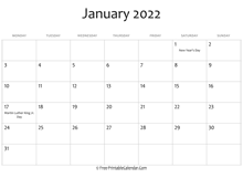 january 2022 calendar printable holidays