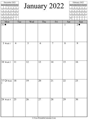 january 2022 calendar vertical