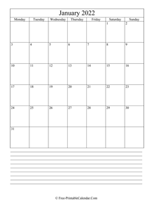 january 2022 editable calendar notes portrait