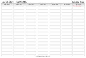 january 2022 weekly calendar landscape layout