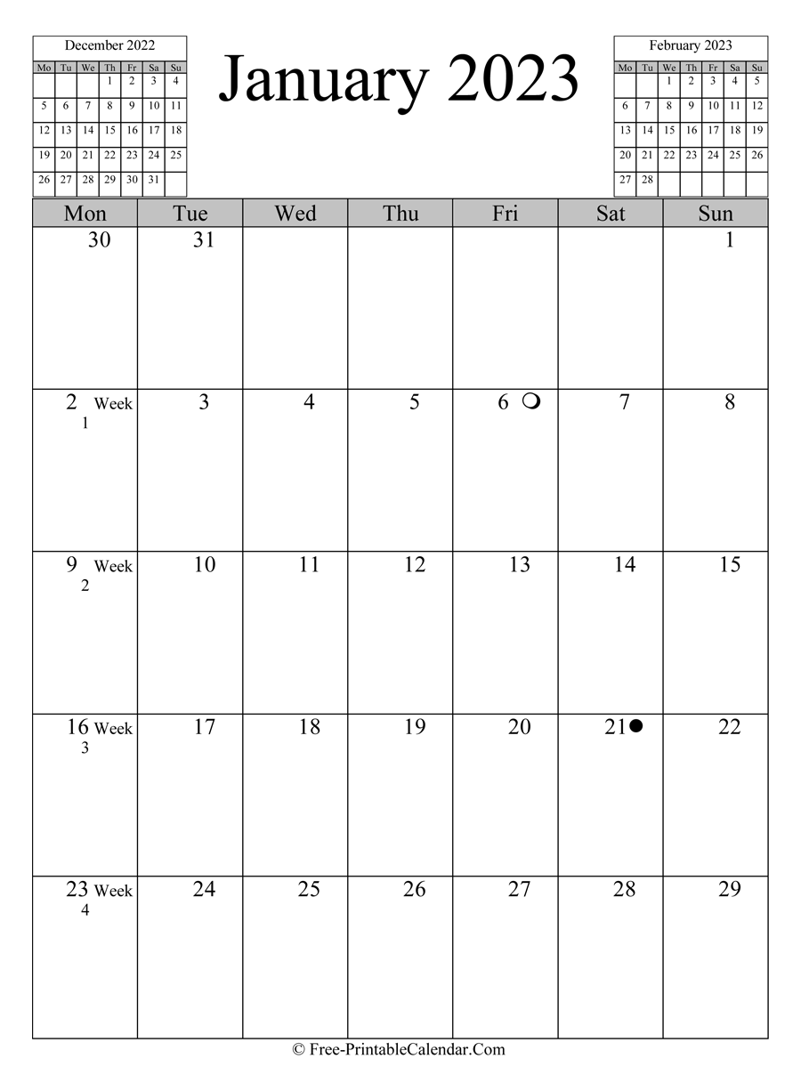 january 2023 Calendar (vertical layout)