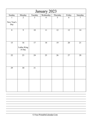 january 2023 editable calendar notes portrait