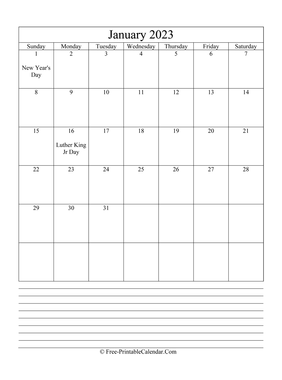 January 2023 Editable Calendar with notes
