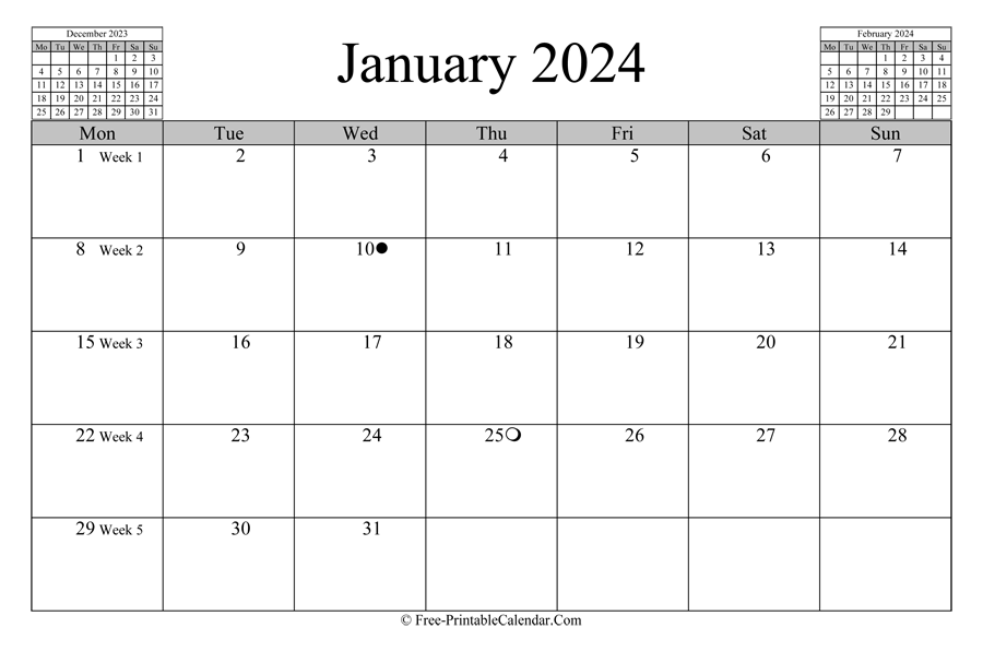 january 2024 Calendar (horizontal layout)
