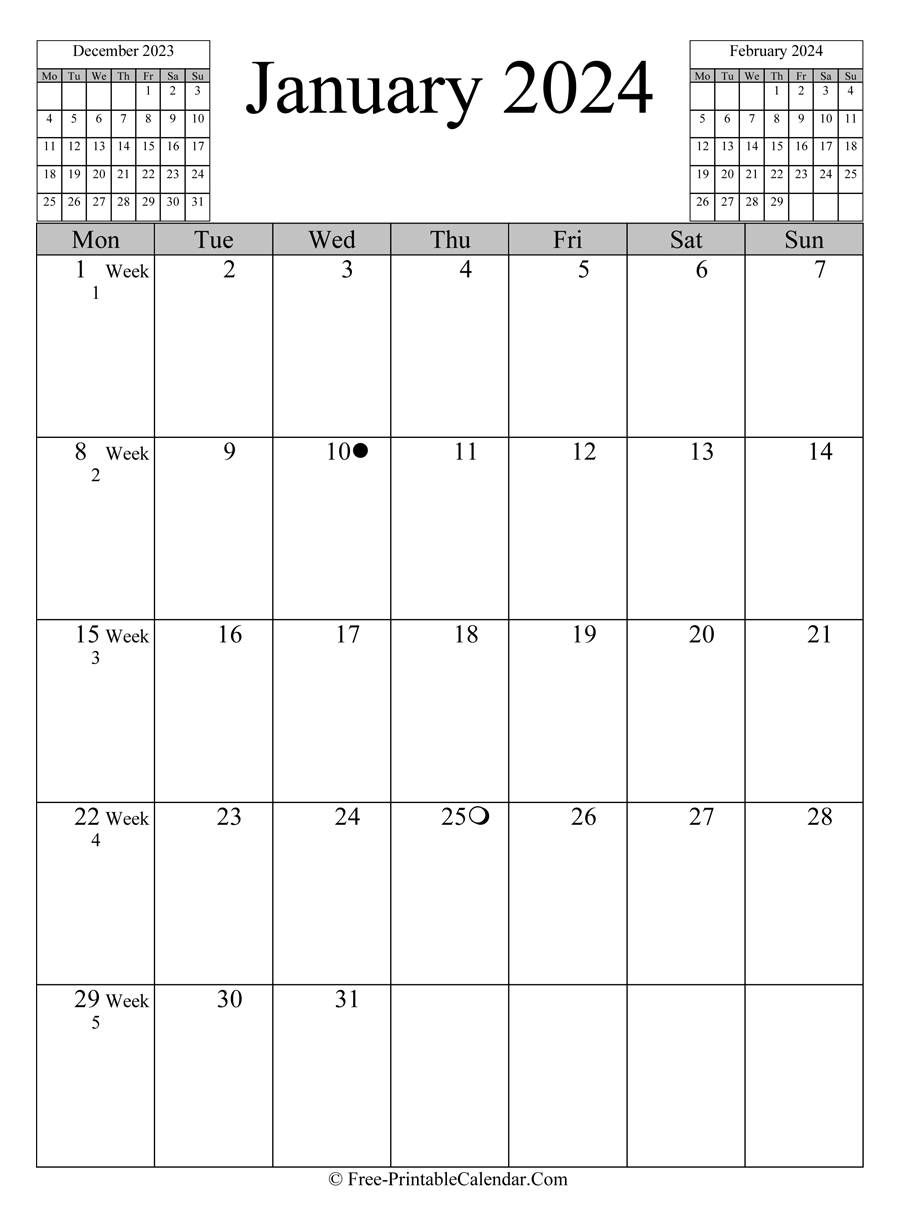 January 2024 Calendar (Vertical Layout)