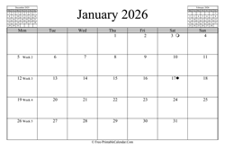 January 2026 Calendar (horizontal)
