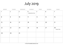 july 2019 calendar printable with holidays
