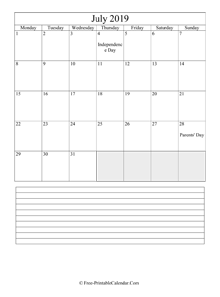 july 2019 editable calendar with notes space
