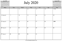 July 2020 Calendar (horizontal)