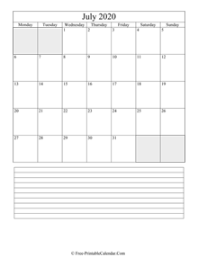 july 2020 editable calendar notes portrait