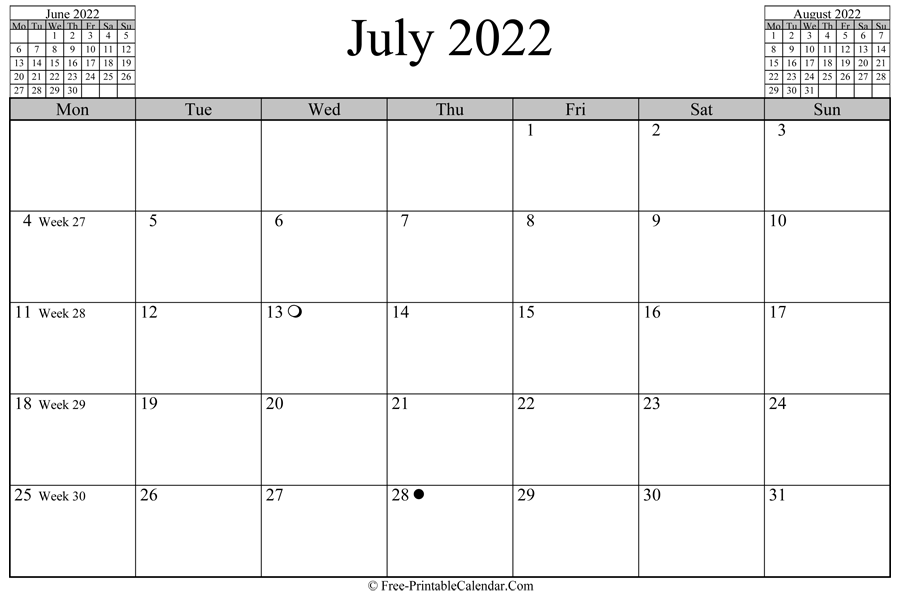 july 2022 Calendar (horizontal layout)