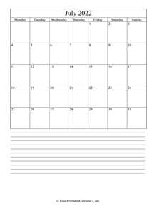 july 2022 editable calendar notes portrait