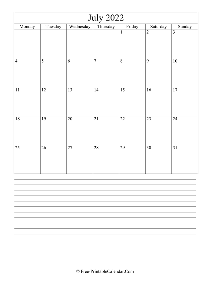july 2022 Editable Calendar with notes