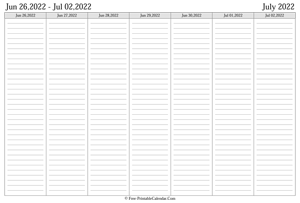 july 2022 weekly calendar landscape layout