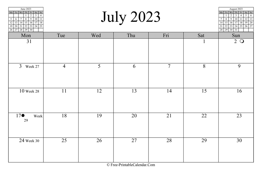 july 2023 Calendar (horizontal layout)