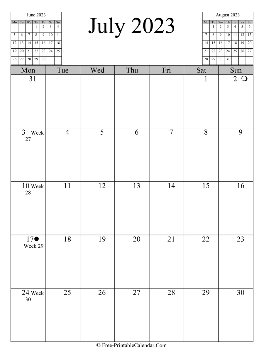 july 2023 Calendar (vertical layout)