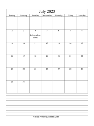 july 2023 editable calendar notes portrait