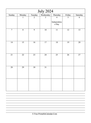 july 2024 editable calendar notes portrait