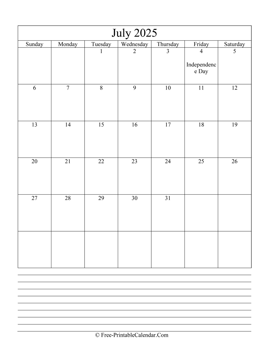 july 2025 Editable Calendar with notes