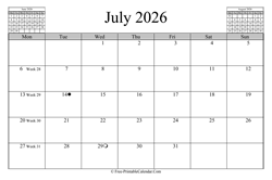 July 2026 Calendar (horizontal)