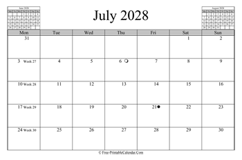 July 2028 Calendar (horizontal)