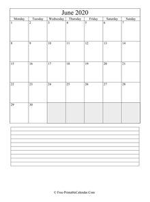 june 2020 editable calendar with notes space