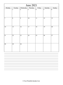 june 2021 editable calendar with notes space