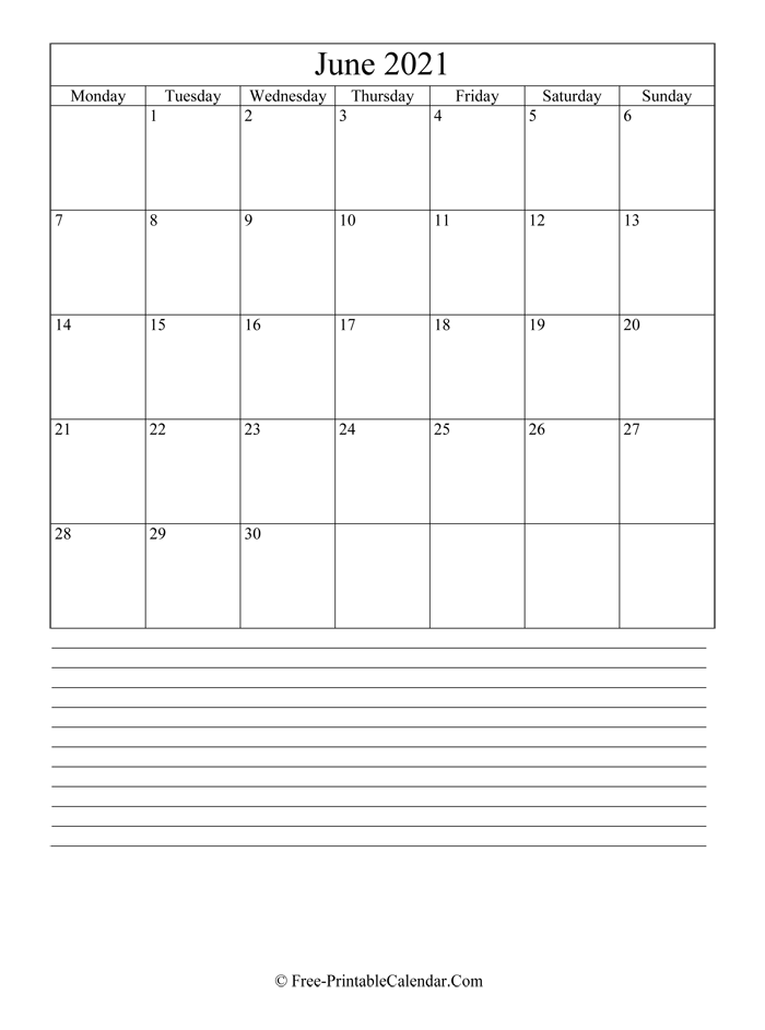 june 2021 Editable Calendar with notes
