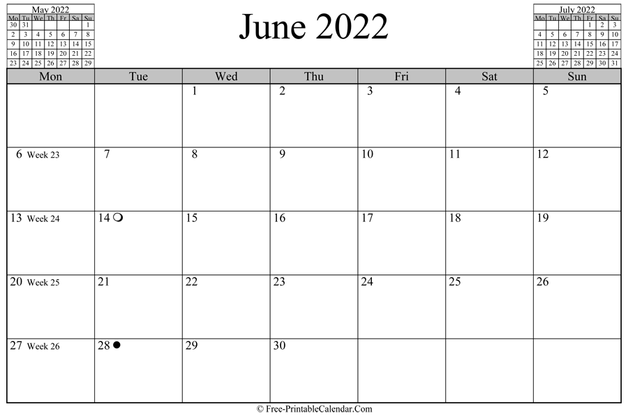 june 2022 Calendar (horizontal layout)