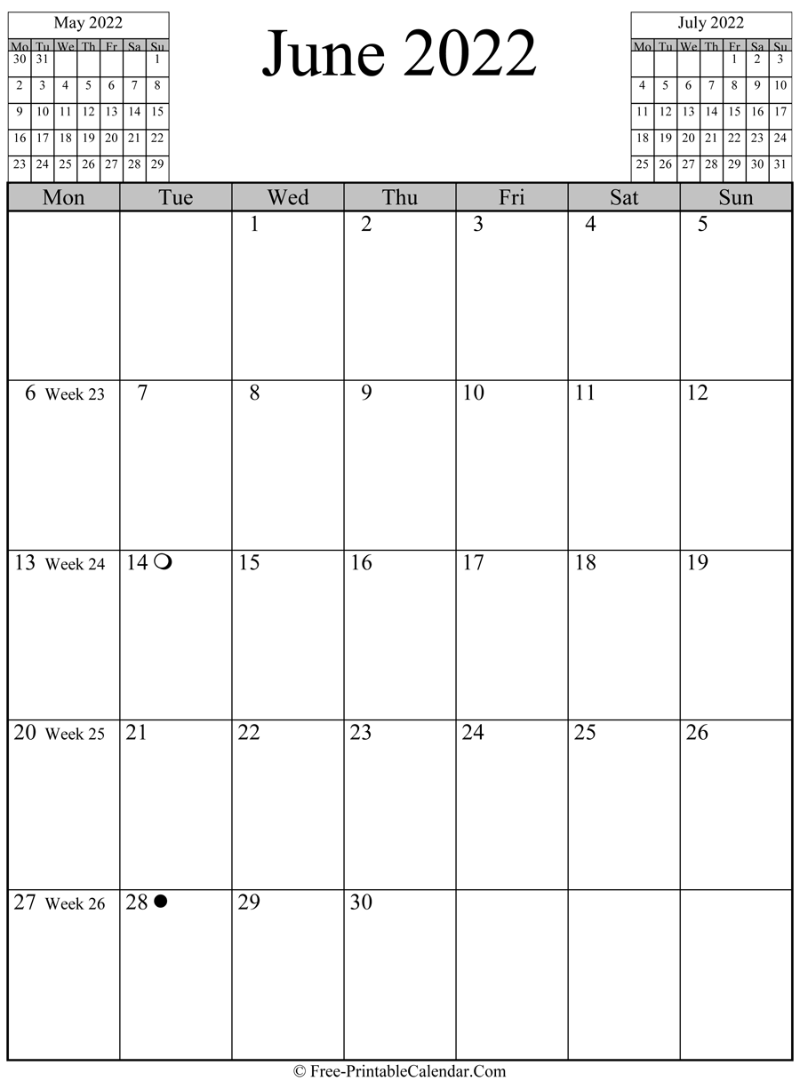 june 2022 Calendar (vertical layout)