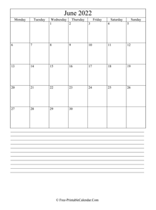 june 2022 editable calendar notes portrait