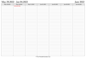 june 2022 weekly calendar landscape layout