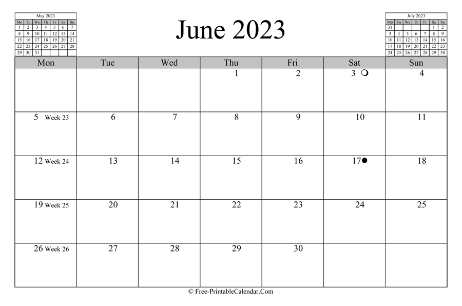 june 2023 Calendar (horizontal layout)