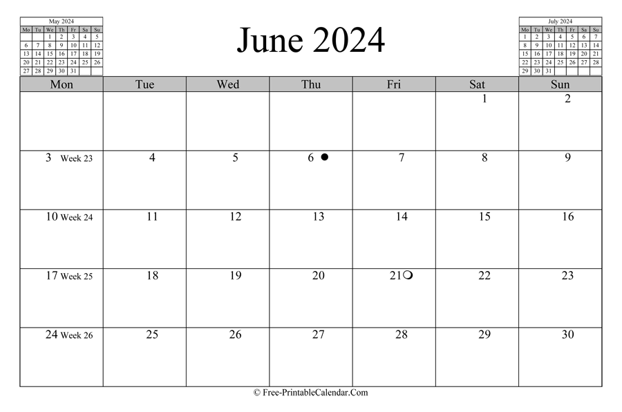 june 2024 Calendar (horizontal layout)