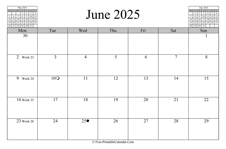 june 2025 Calendar (horizontal layout)