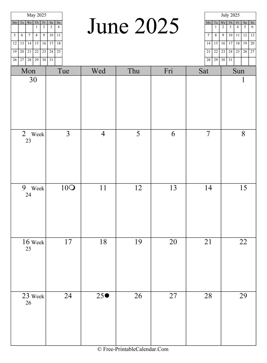 june 2025 Calendar (vertical layout)