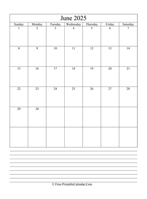 june 2025 editable calendar with notes space