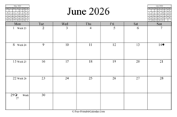 June 2026 Calendar (horizontal)
