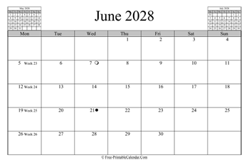 June 2028 Calendar (horizontal)