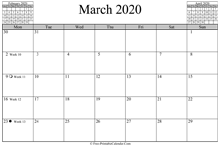 March 2020 Calendar (horizontal)