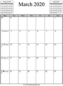 march 2020 calendar vertical