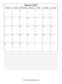 march 2022 editable calendar notes portrait