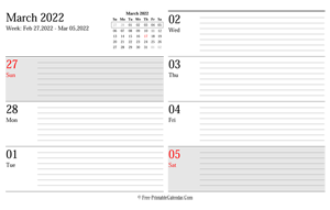 march 2022 weekly calendar planner landscape layout