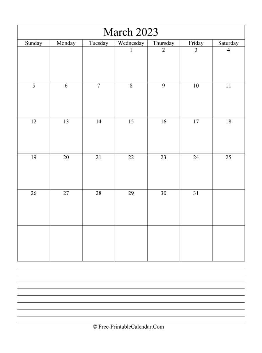 march 2023 Editable Calendar with notes