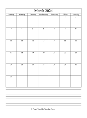 march 2024 editable calendar with notes space