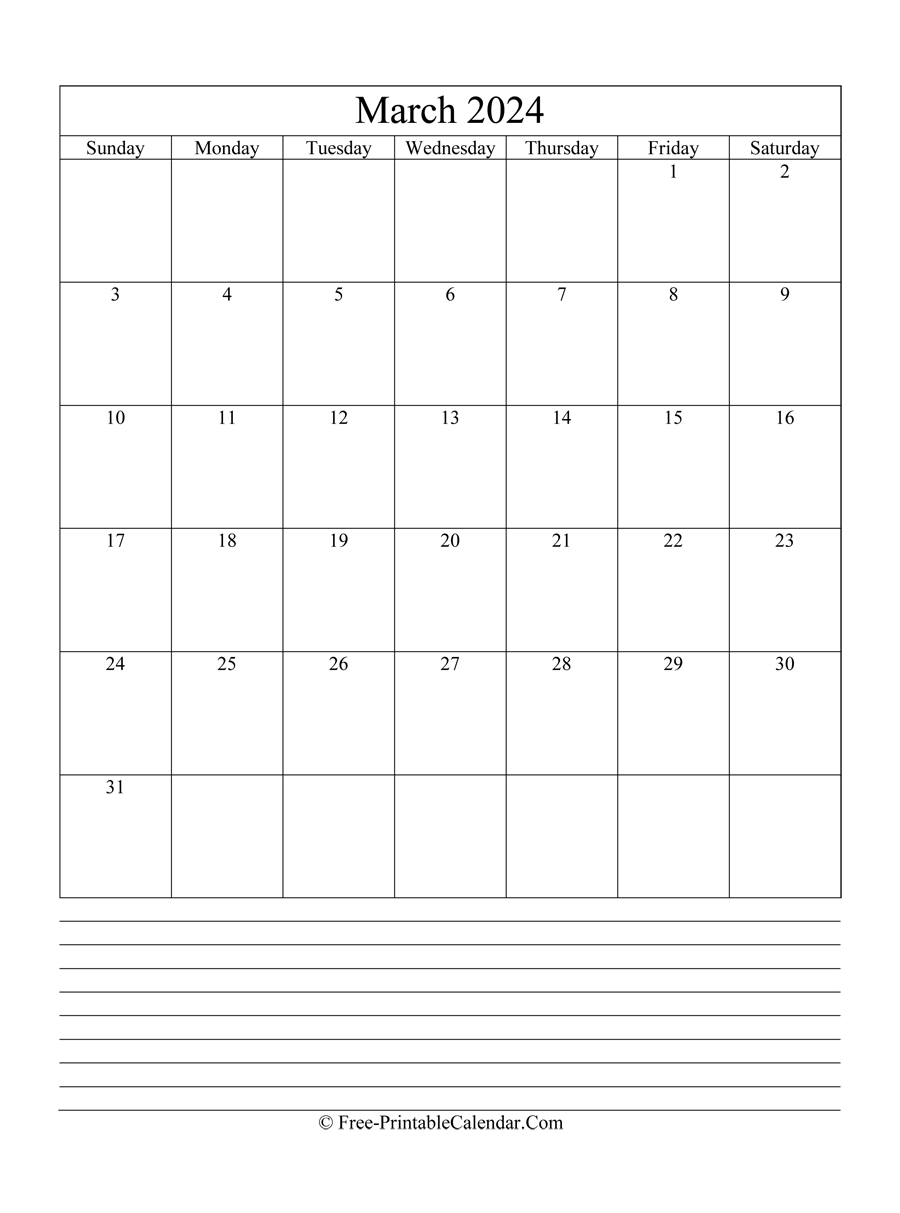 march 2024 Editable Calendar with notes