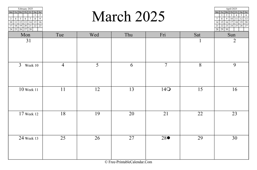 march 2025 Calendar (horizontal layout)