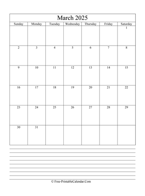 march 2025 editable calendar notes portrait